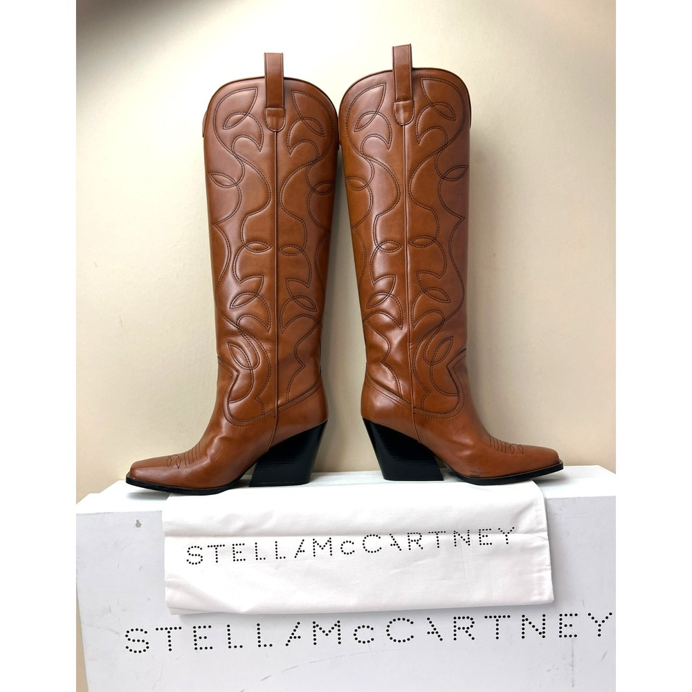 Stella‎ MacCartney Cowboy Cloudy Tall Western Boot Brandy Vegan Leather 6.5